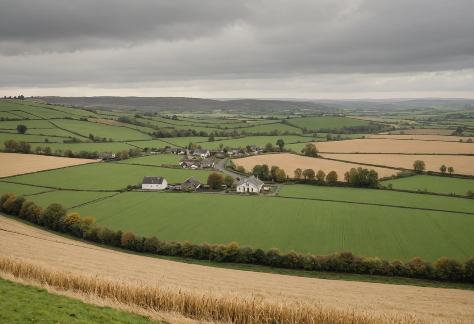 The valley town of Ansel in early autumn, seen from the road above it.
